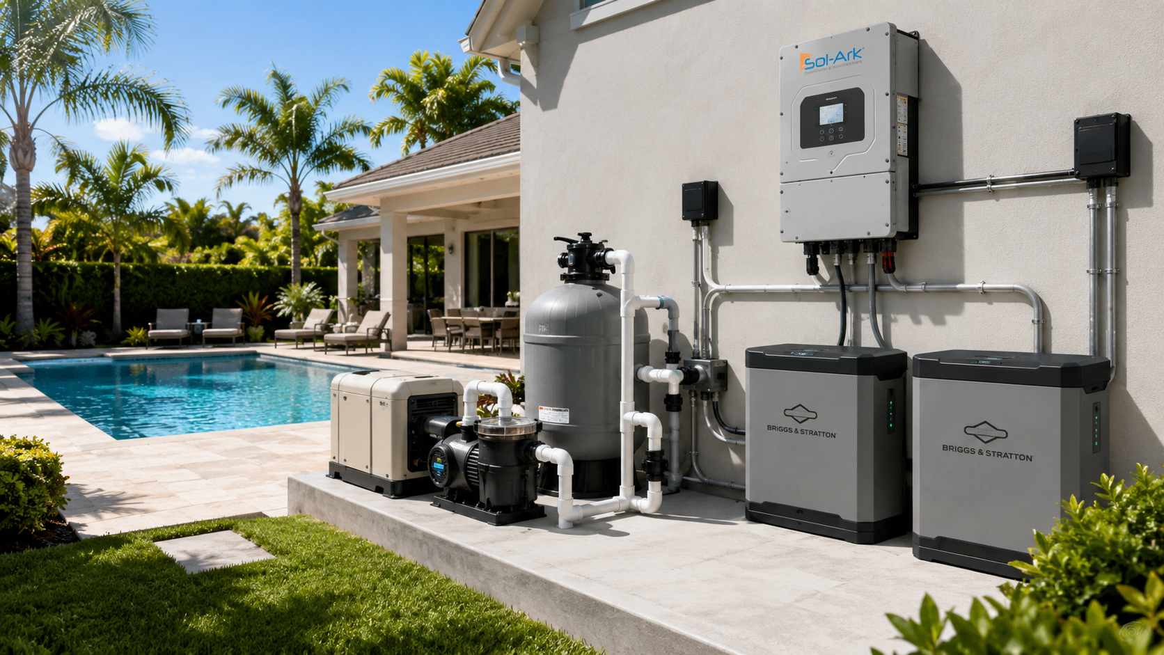 Pool equipment pad reviewed for solar and battery backup