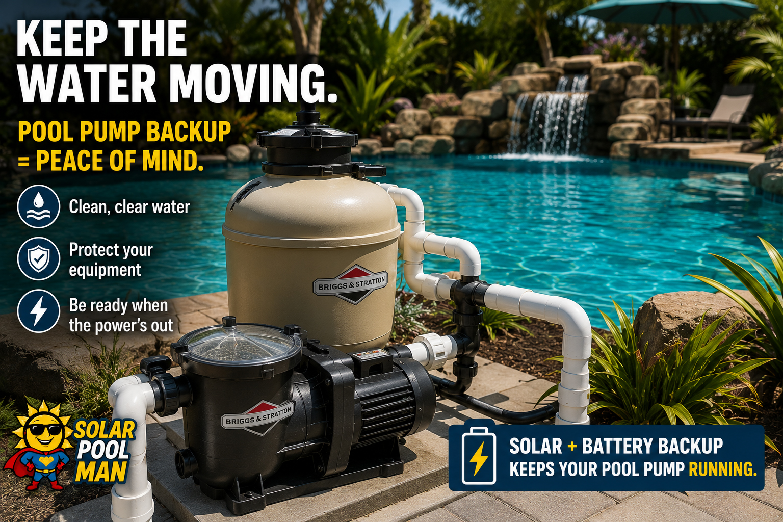 Pool pump backup keeping clear pool water moving